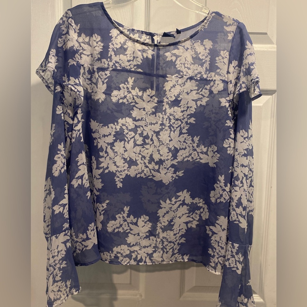 Kaari Blue Size XL Blue White Floral Sheer Blouse